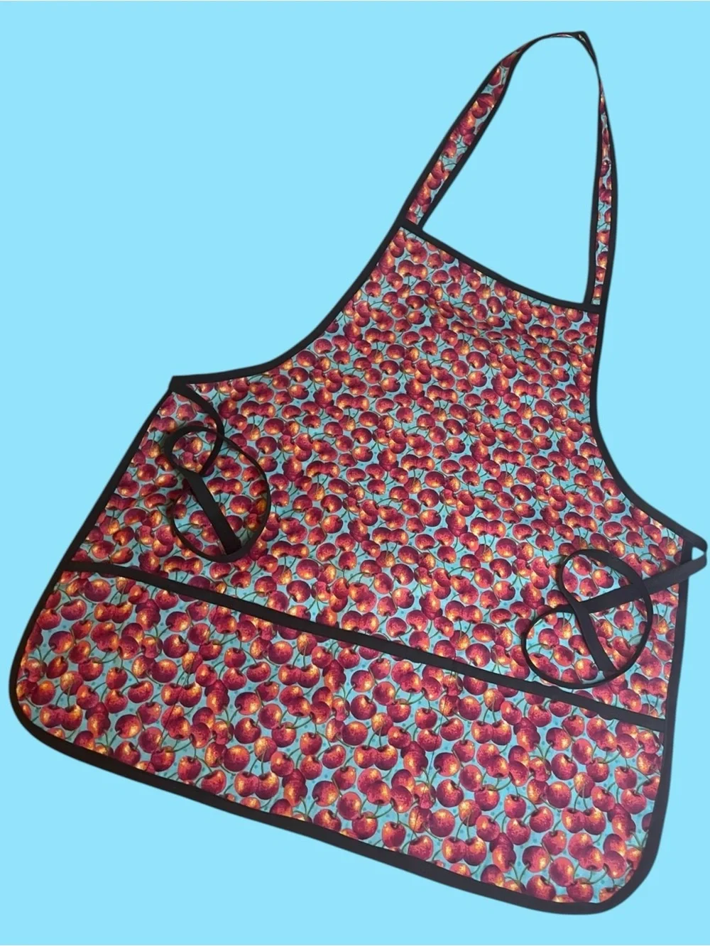 Kitchen Cherry Apron & Apple Oven Mitt Blue Red Green Cooking Baking NEW NWT